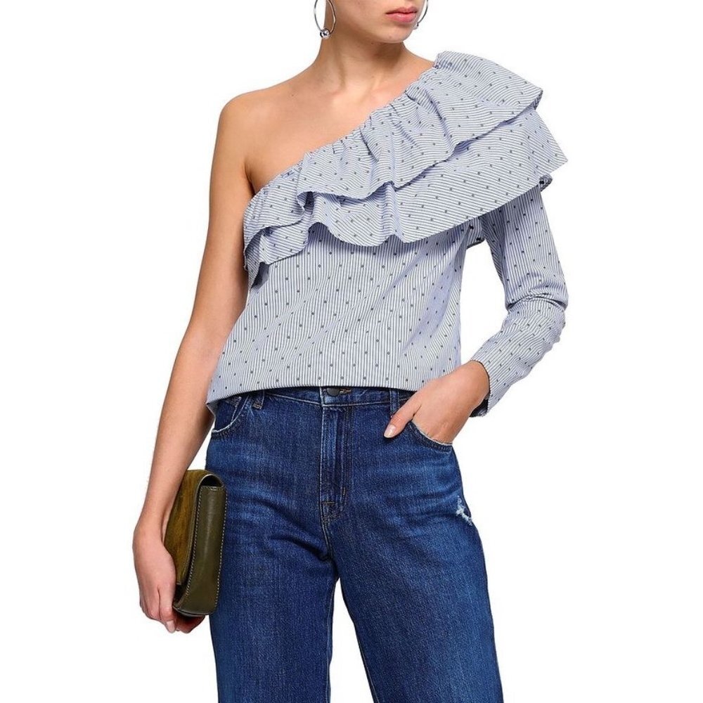 Maje Lelina Top One Shoulder Layered Ruffle Preppy Garden Party Blue Size M